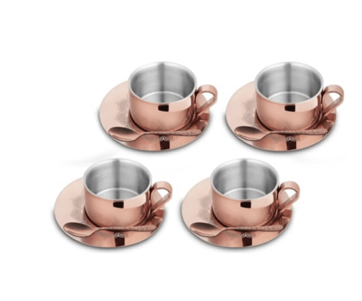 Shri & Sam Stainless Steel with Rose Gold PVD Coating (Laser) 4 Pieces First Impression Double Wall Cup and Saucer Set